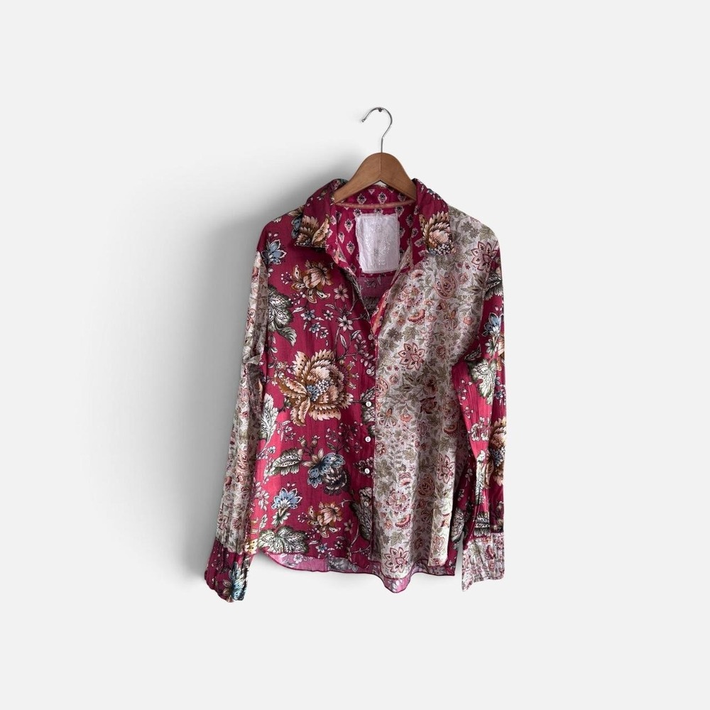 Cino Mixed Floral Patchwork Cotton Tunic Button Down Shirt Blouse XXL Boho Folk